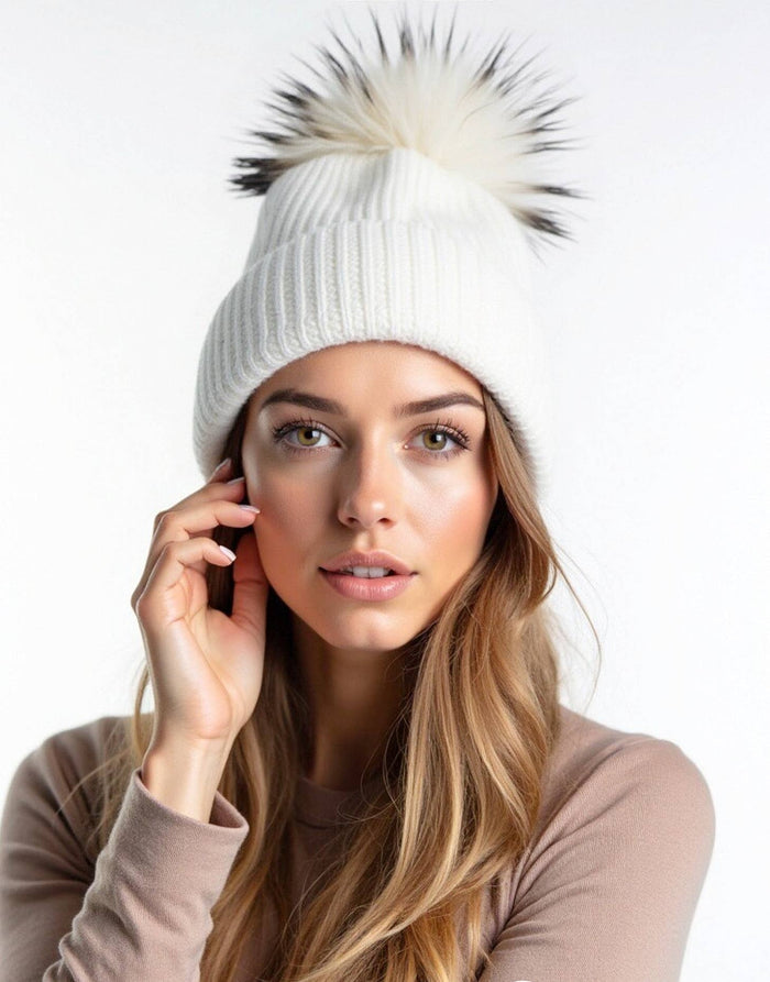 Sequin Knit Beanie with Detachable Faux Fur Pom-Pom