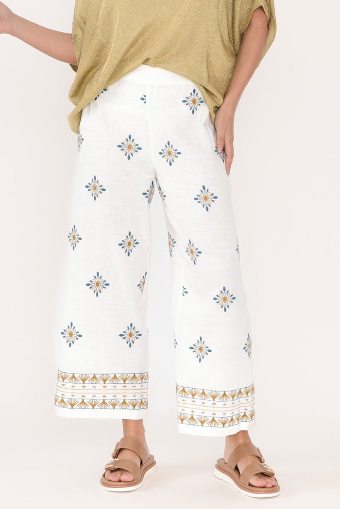 Sew Cream Geo Embroidered Pants,Brunette model,alt text|model:MJ