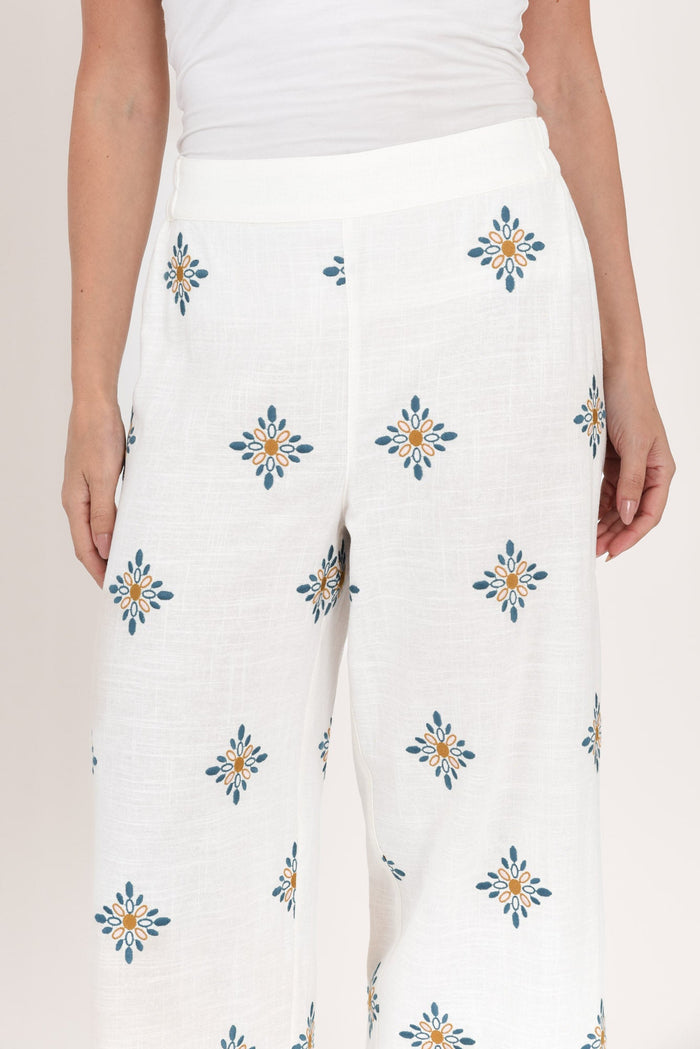 Sew Cream Geo Embroidered Pants,Brunette model,alt text|model:MJ