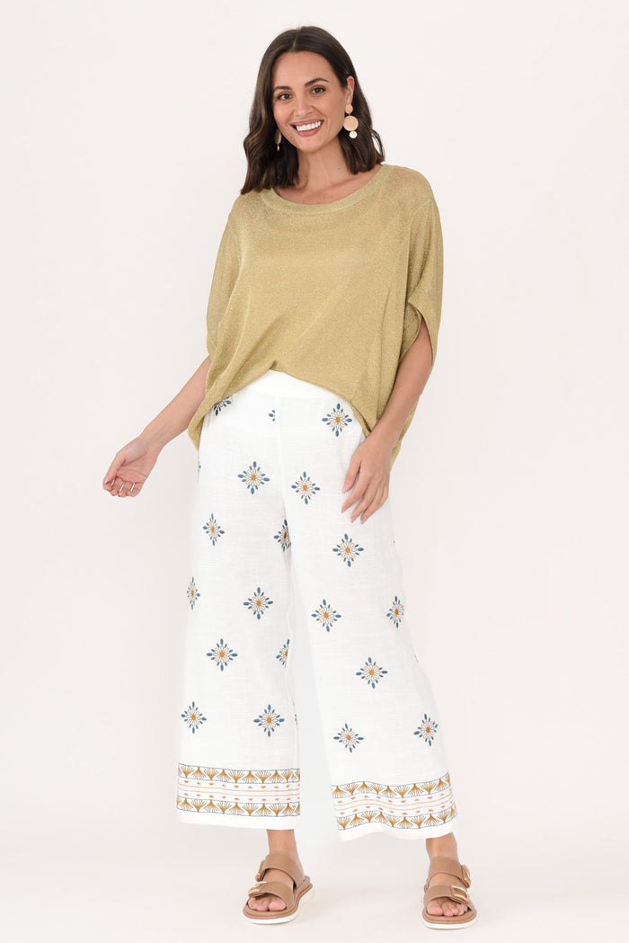 Sew Cream Geo Embroidered Pants,Brunette model,alt text|model:MJ