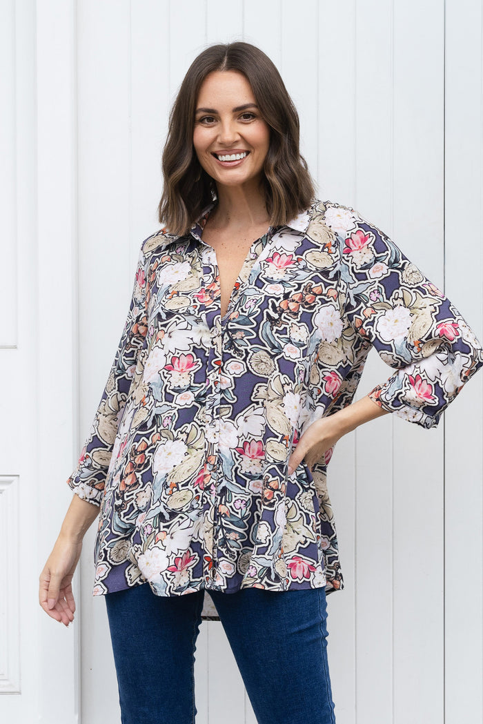 Shanae Navy Garden Collared Shirt,Lifestyle