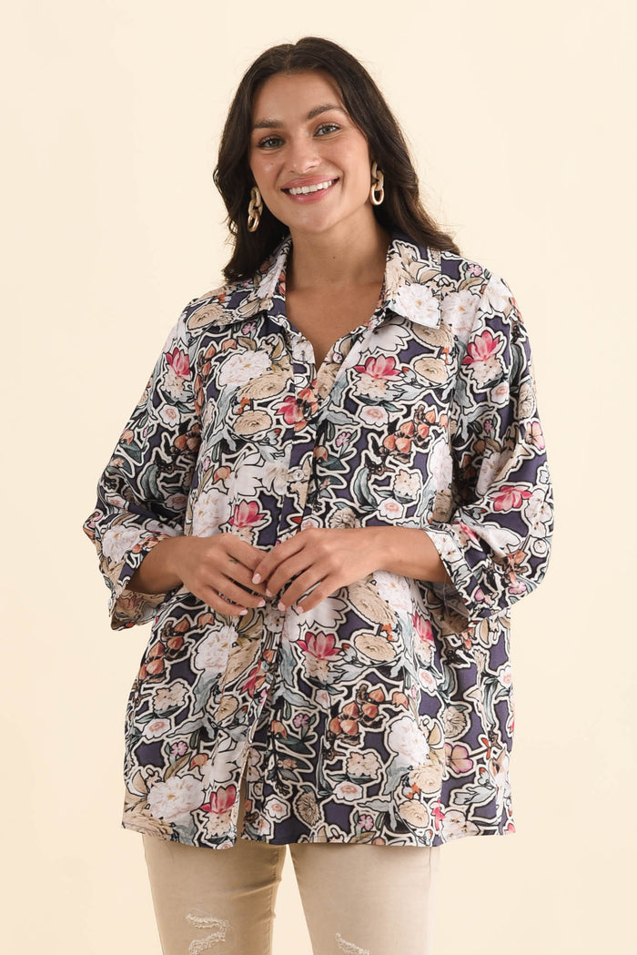 Shanae Navy Garden Collared Shirt,Brunette model,alt text|model:Brontie