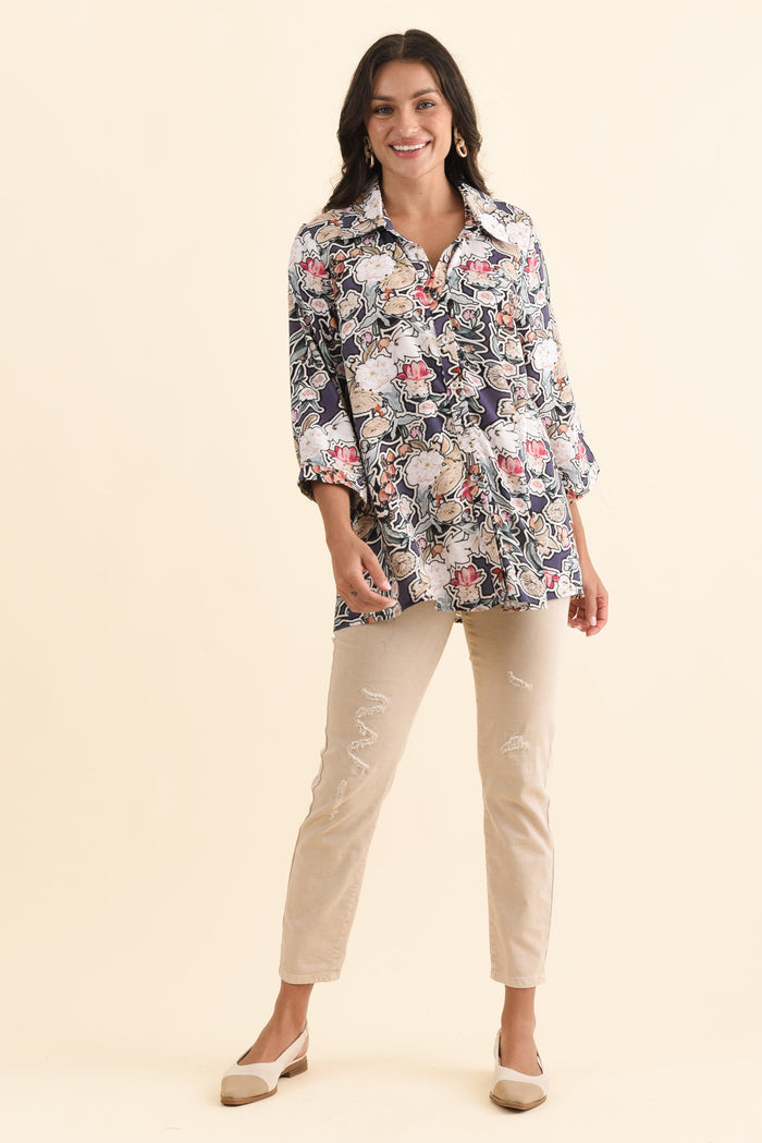 Shanae Navy Garden Collared Shirt,Brunette model,alt text|model:Brontie