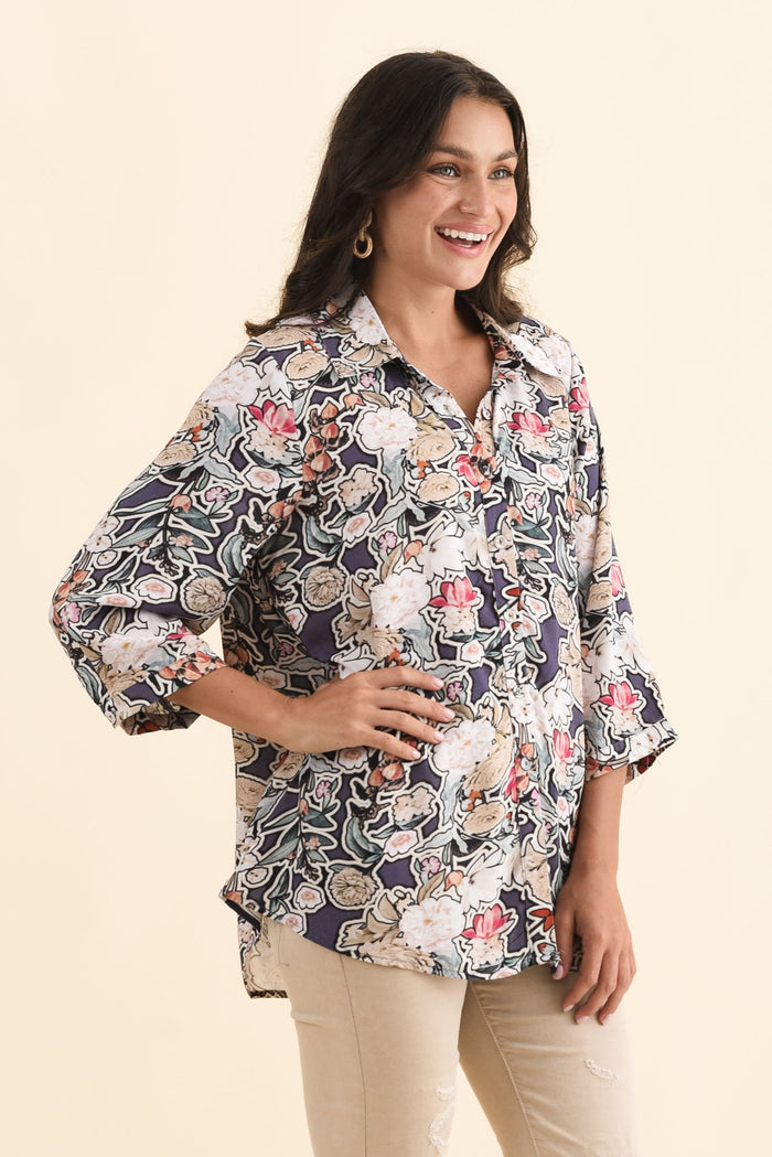 Shanae Navy Garden Collared Shirt,Brunette model,alt text|model:Brontie