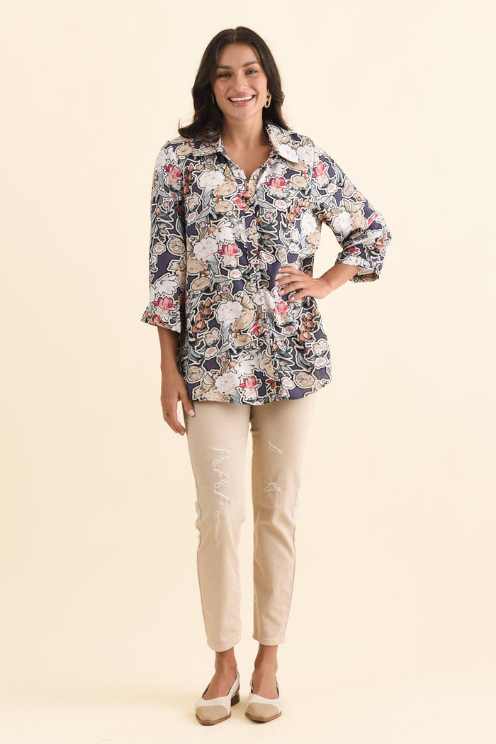 Shanae Navy Garden Collared Shirt,Brunette model,alt text|model:Brontie