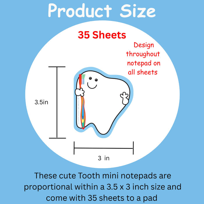 Diagram of a tooth-shaped notepad with dimensions and text about product size and design.