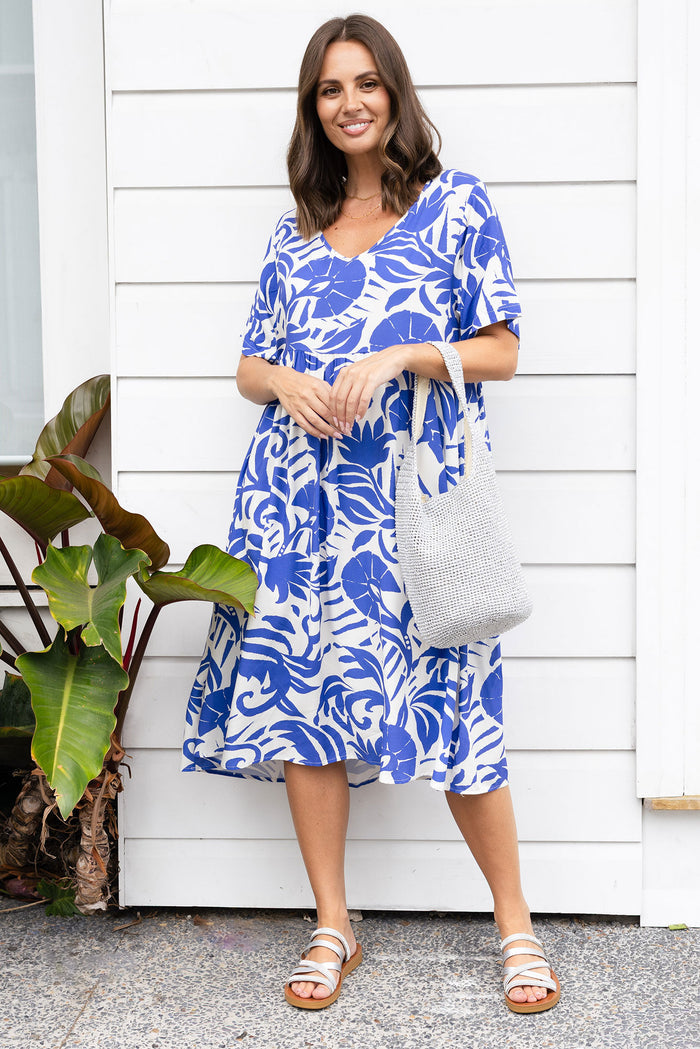 Sharlene Blue Botanical Midi Dress,Lifestyle
