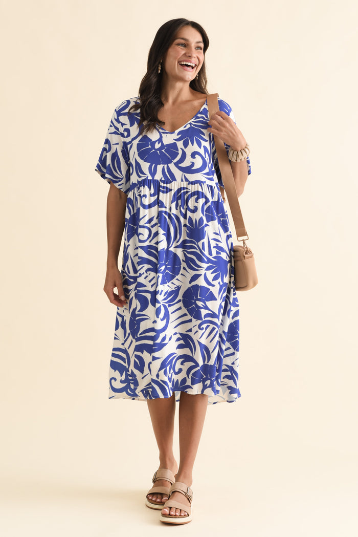 Sharlene Blue Botanical Midi Dress,Brunette model,alt text|model:Brontie