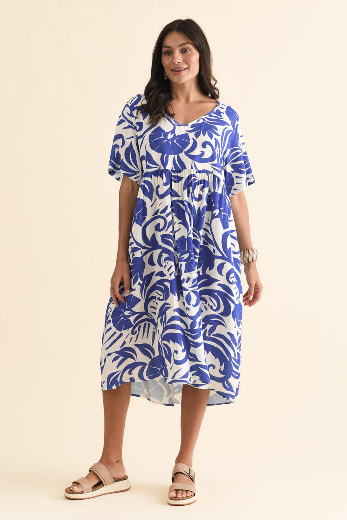 Sharlene Blue Botanical Midi Dress,Brunette model,alt text|model:Brontie