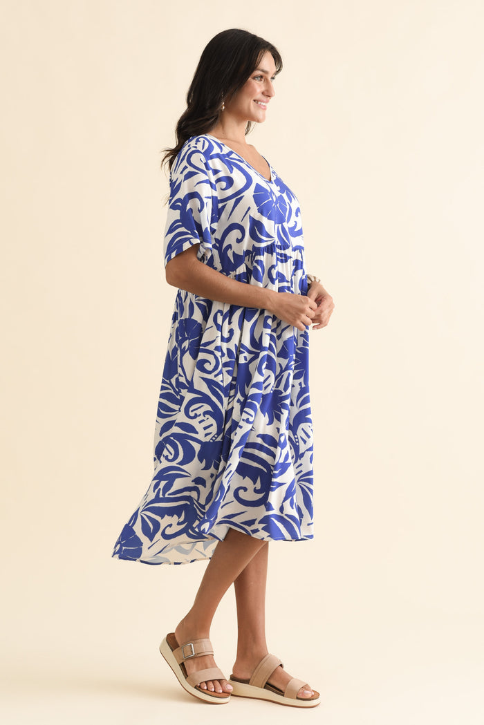 Sharlene Blue Botanical Midi Dress,Brunette model,alt text|model:Brontie