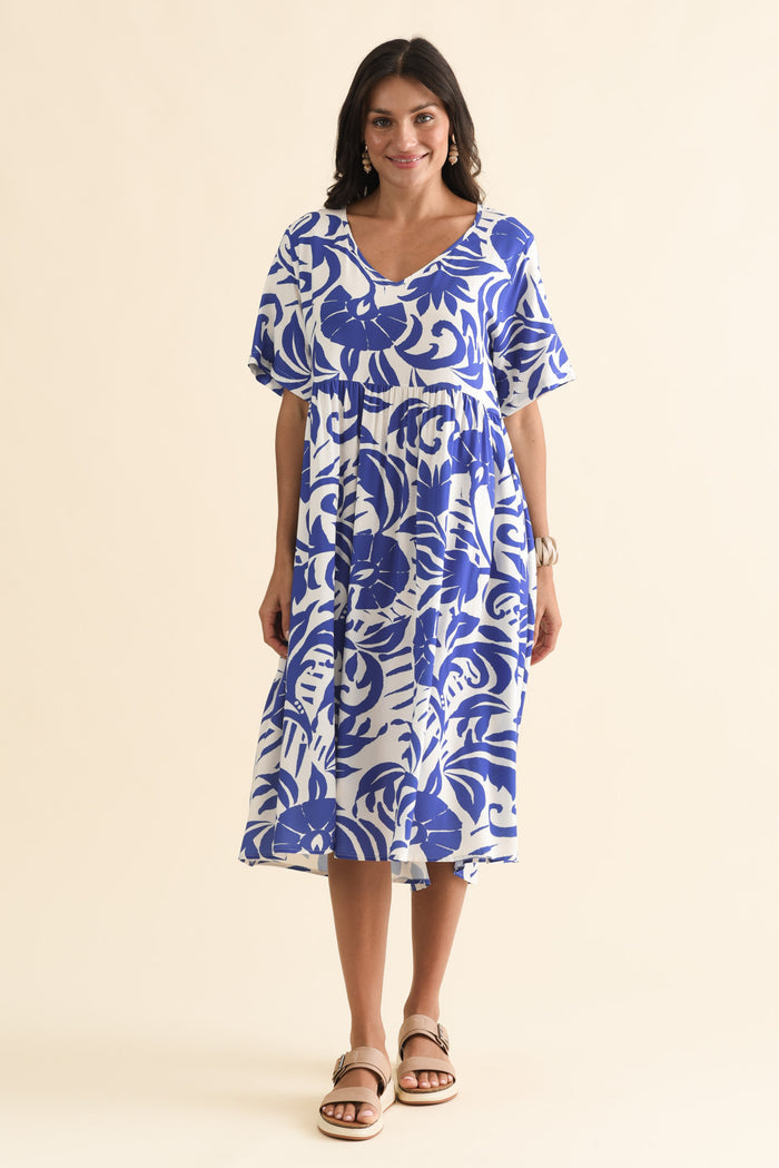 Sharlene Blue Botanical Midi Dress,Brunette model,alt text|model:Brontie