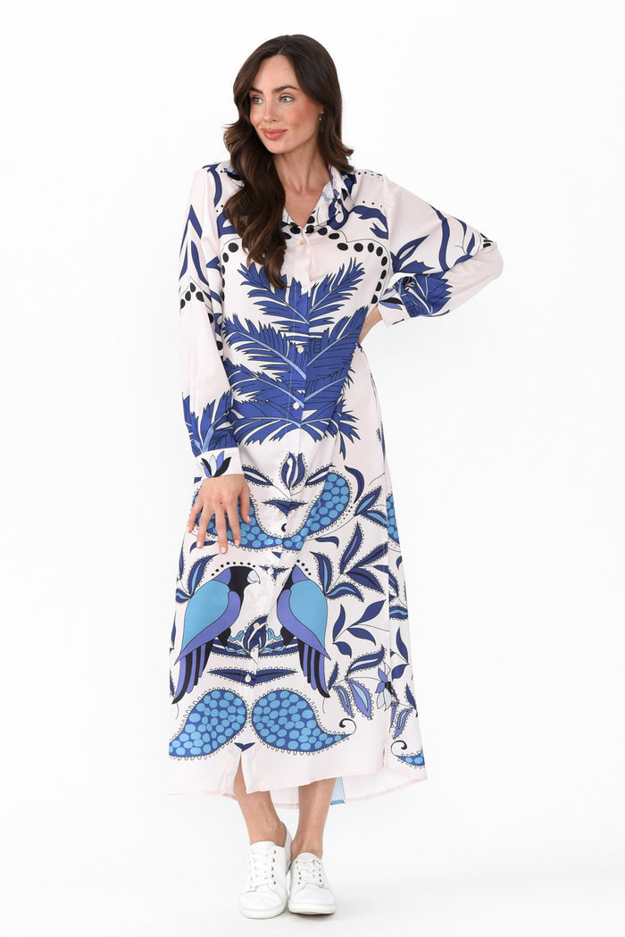 Shayli Blue Tropical Shirt Dress,Brunette model,alt text|model:Elouise