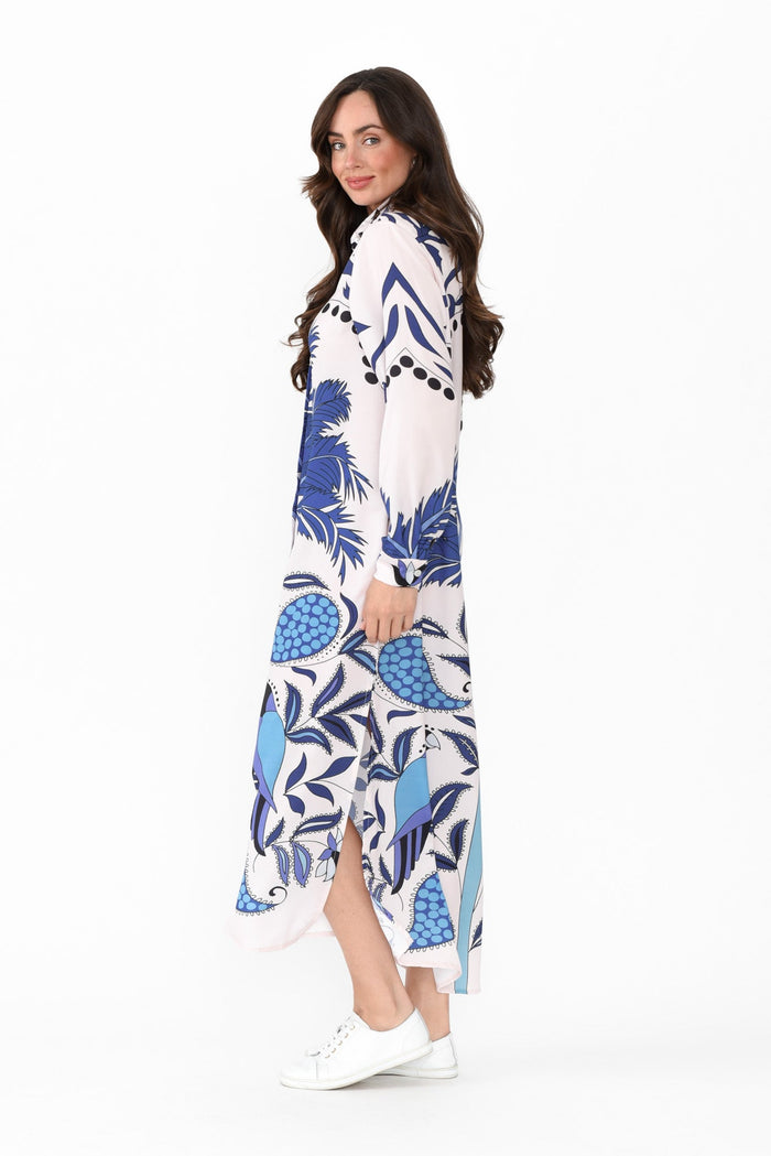 Shayli Blue Tropical Shirt Dress,Brunette model,alt text|model:Elouise