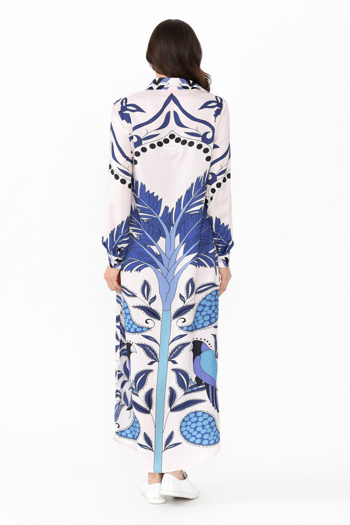 Shayli Blue Tropical Shirt Dress,Brunette model,alt text|model:Elouise