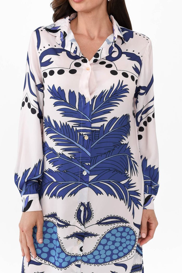 Shayli Blue Tropical Shirt Dress,Brunette model,alt text|model:Elouise