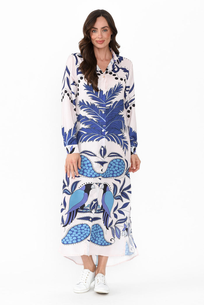 Shayli Blue Tropical Shirt Dress,Brunette model,alt text|model:Elouise