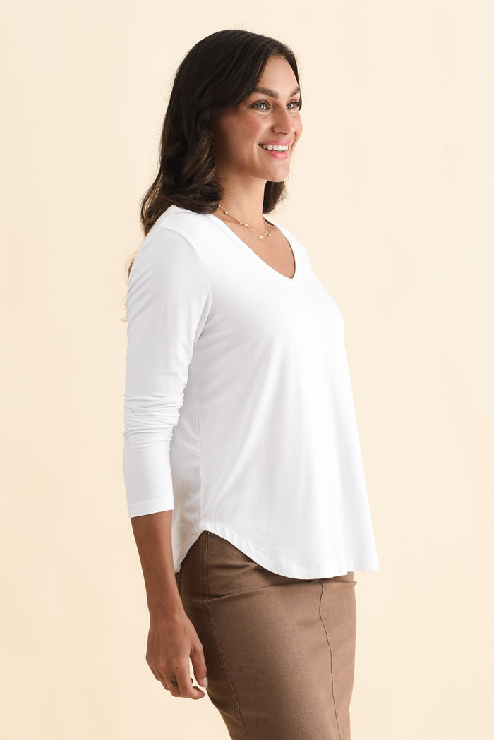 Sia White Bamboo V Neck Top,Brunette model,alt text|model:Brontie