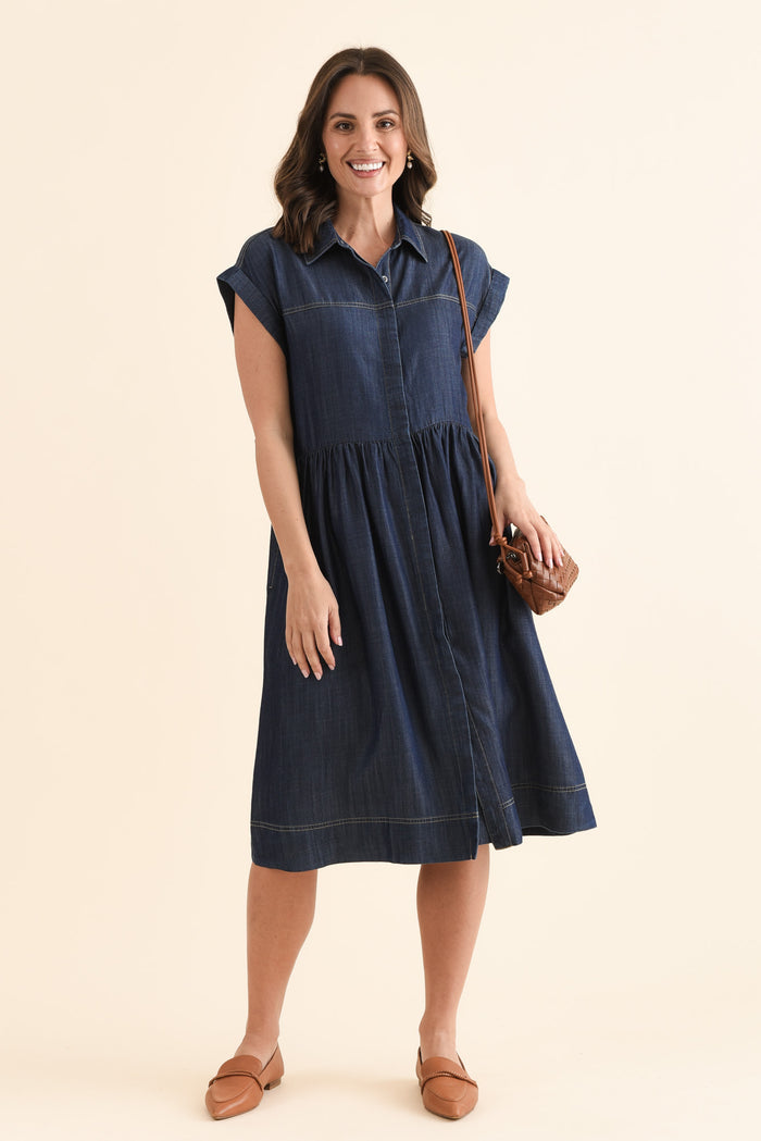 Sidra Dark Blue Denim Pocket Dress,Front,Brunette model,alt text|model:MJ