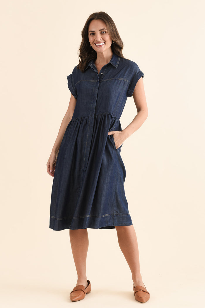 Sidra Dark Blue Denim Pocket Dress,Full Body,Brunette model,alt text|model:MJ