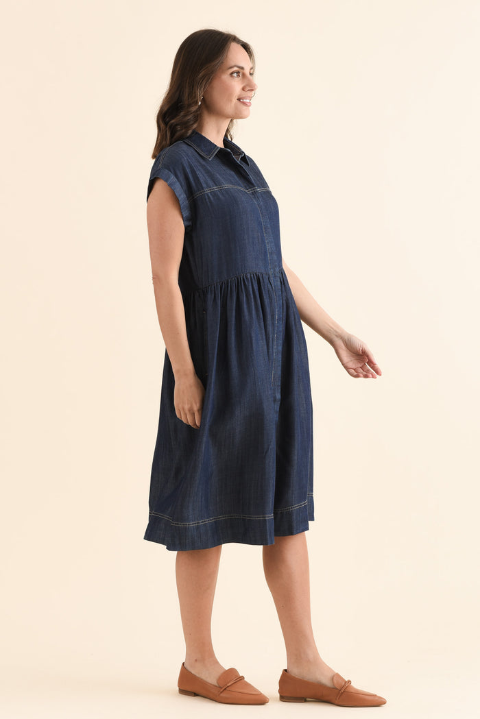 Sidra Dark Blue Denim Pocket Dress,Side,Brunette model,alt text|model:MJ