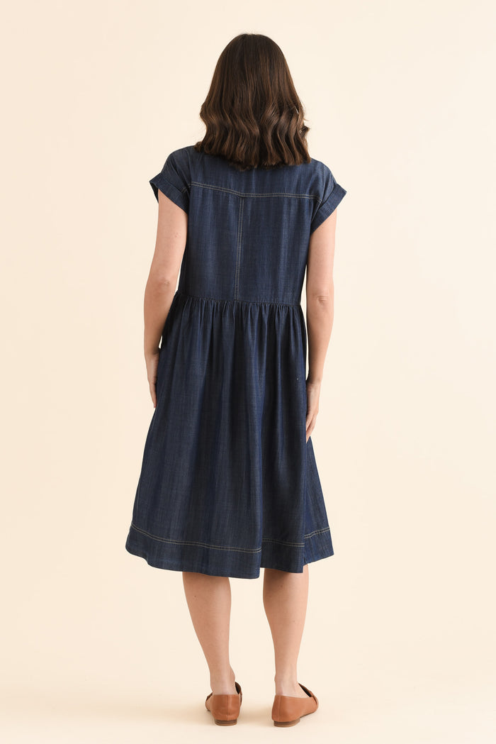 Sidra Dark Blue Denim Pocket Dress,Back,Brunette model,alt text|model:MJ