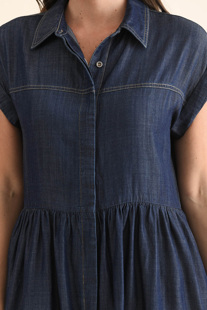 Sidra Dark Blue Denim Pocket Dress,Detail,Brunette model,alt text|model:MJ