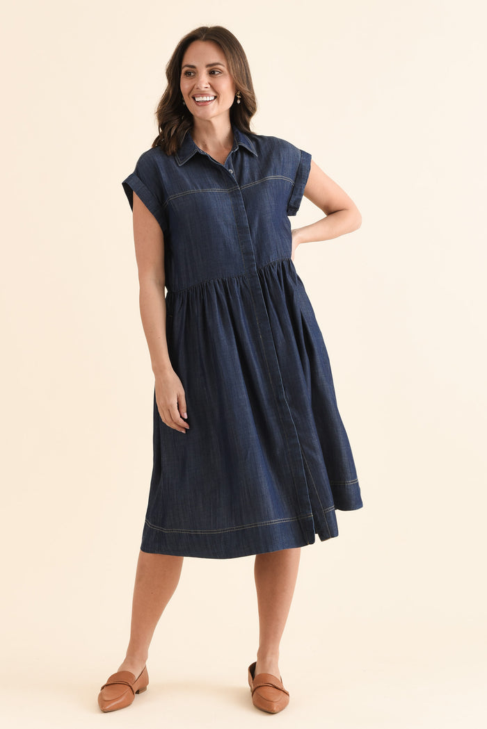 Sidra Dark Blue Denim Pocket Dress,Full Body,Brunette model,alt text|model:MJ