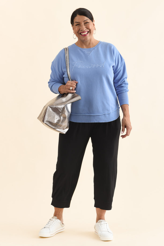 Signature Blue Cotton Crewneck Sweatshirt,Full Body,Brunette model,alt text|model:Pilita
