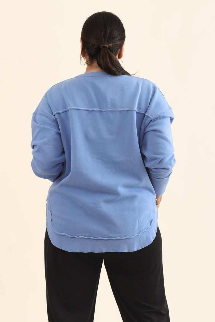 Signature Blue Cotton Crewneck Sweatshirt,Back,Brunette model,alt text|model:Pilita