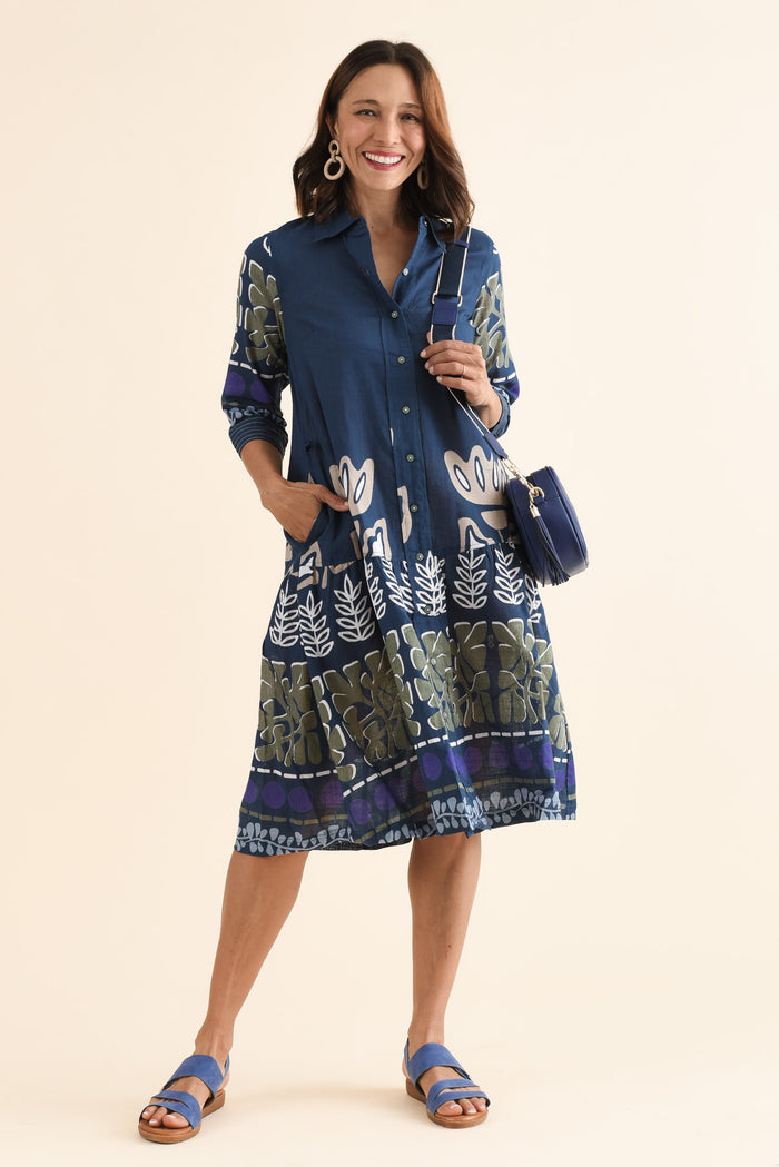 Sigrid Navy Motif Organic Cotton Tie Dress,Front,Brunette model,alt text|model:Cara