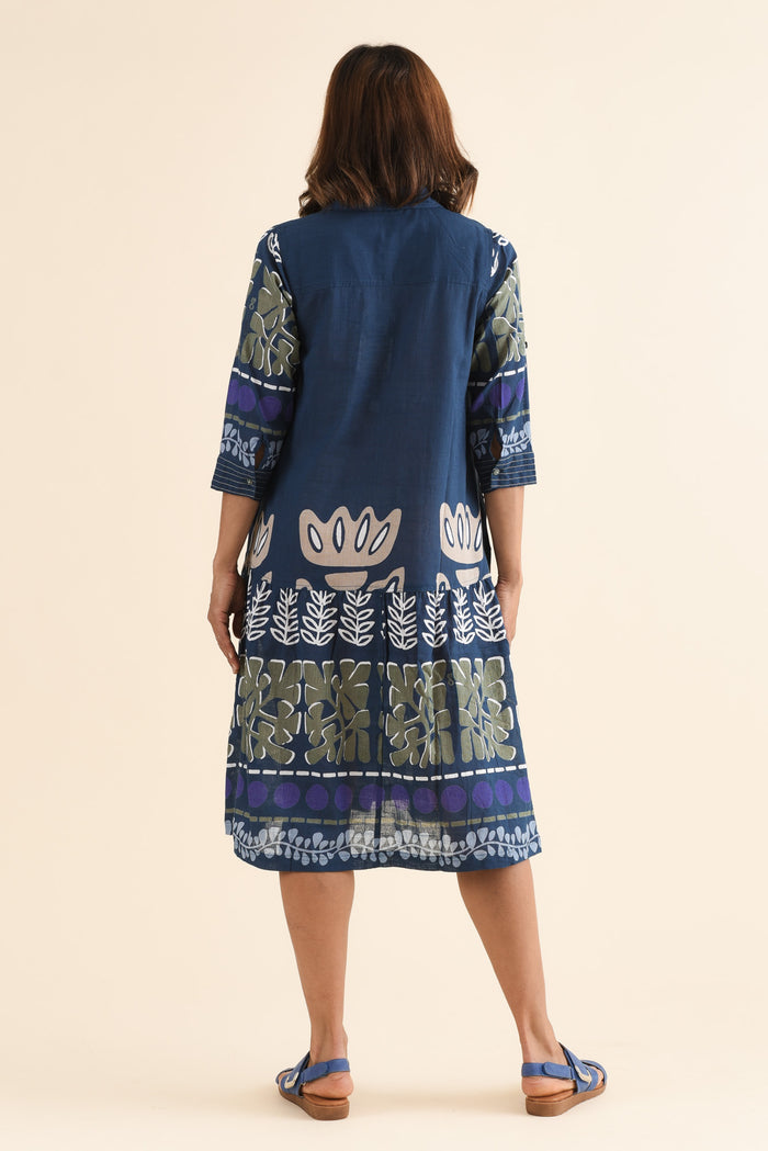 Sigrid Navy Motif Organic Cotton Tie Dress,Back,Brunette model,alt text|model:Cara