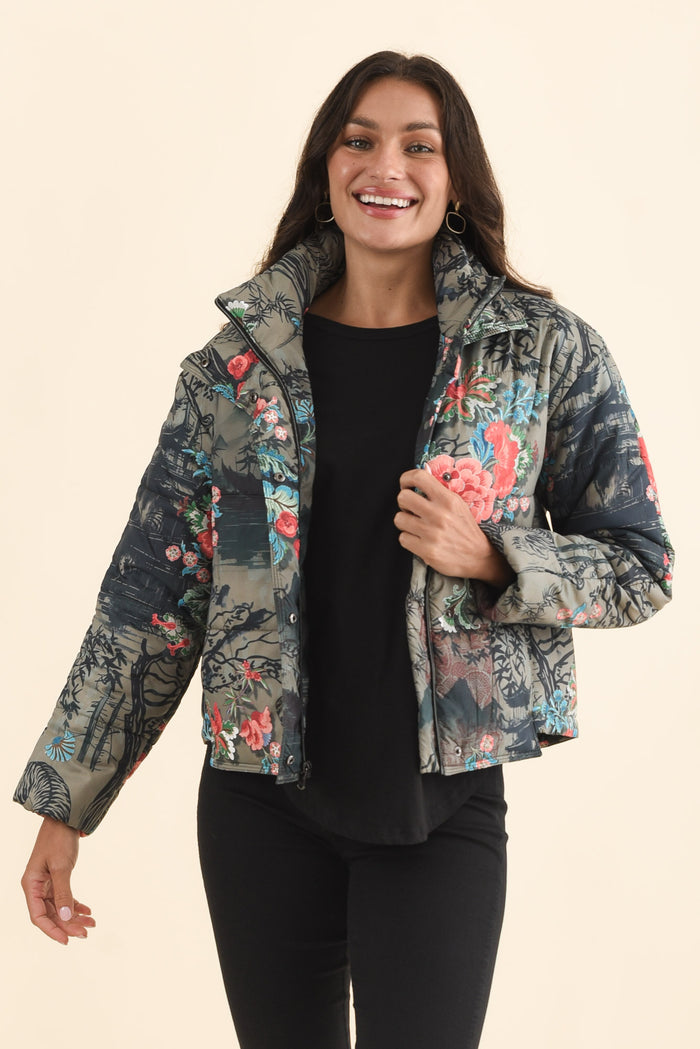 Simona Pink Flower Puffer Jacket,Brunette model,alt text|model:Brontie
