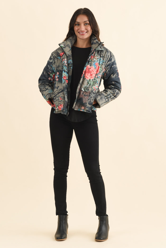 Simona Pink Flower Puffer Jacket,Brunette model,alt text|model:Brontie