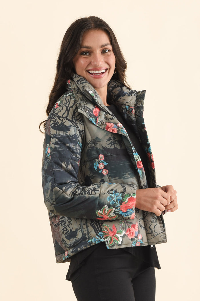 Simona Pink Flower Puffer Jacket,Brunette model,alt text|model:Brontie