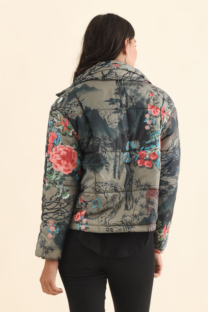 Simona Pink Flower Puffer Jacket,Brunette model,alt text|model:Brontie