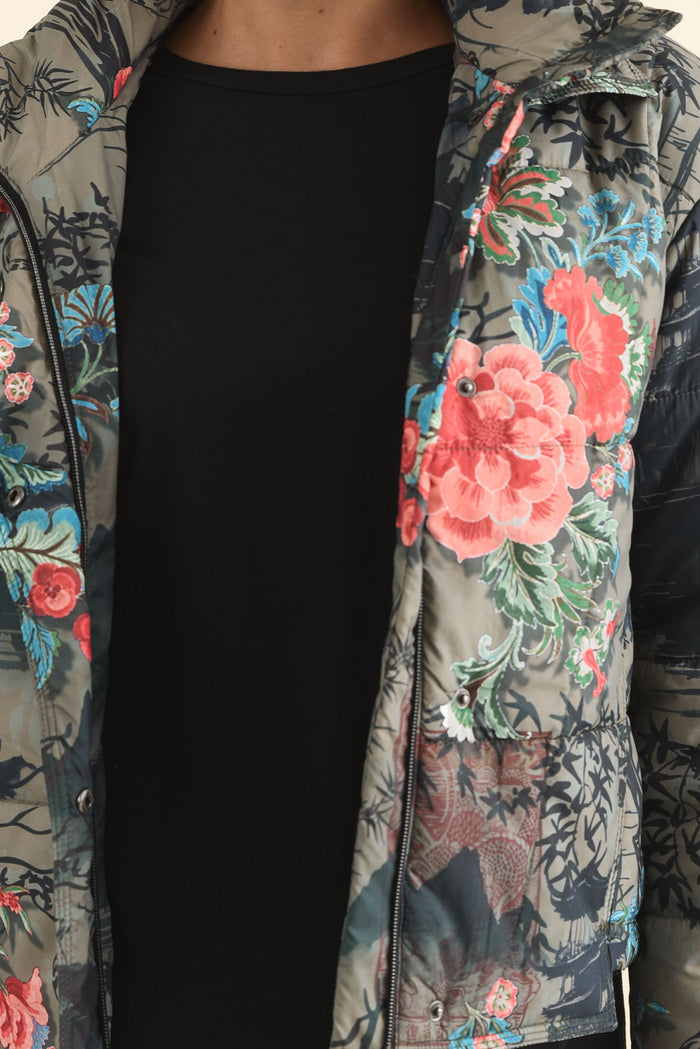 Simona Pink Flower Puffer Jacket,Brunette model,alt text|model:Brontie