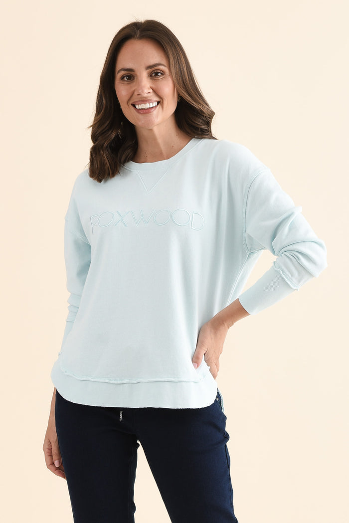 Simplified Blue Cotton Crewneck Sweatshirt,Front,Brunette model,alt text|model:MJ