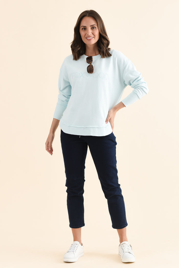 Simplified Blue Cotton Crewneck Sweatshirt,Full Body,Brunette model,alt text|model:MJ