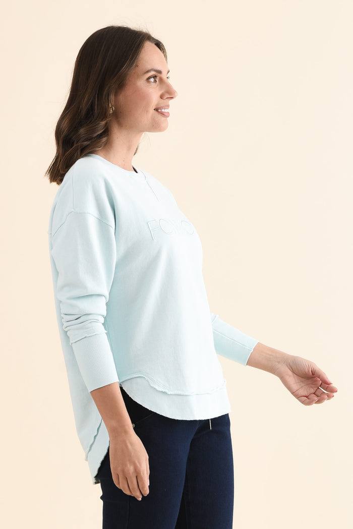 Simplified Blue Cotton Crewneck Sweatshirt,Side,Brunette model,alt text|model:MJ