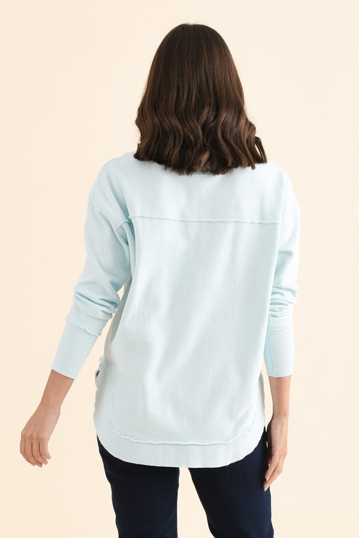 Simplified Blue Cotton Crewneck Sweatshirt,Back,Brunette model,alt text|model:MJ