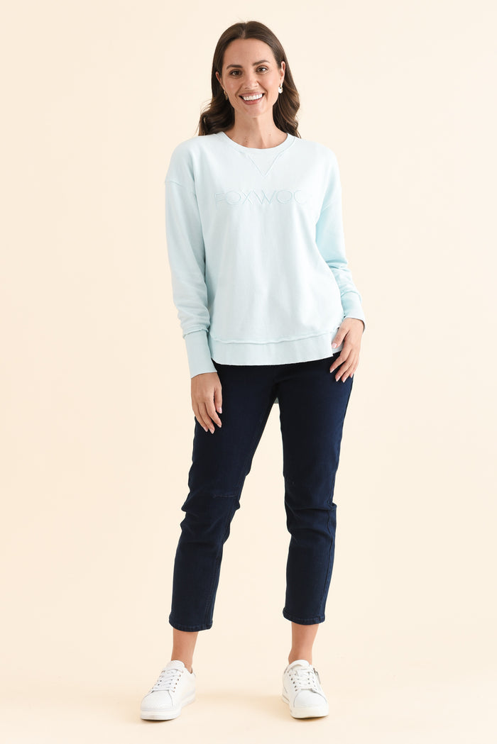 Simplified Blue Cotton Crewneck Sweatshirt,Full Body,Brunette model,alt text|model:MJ
