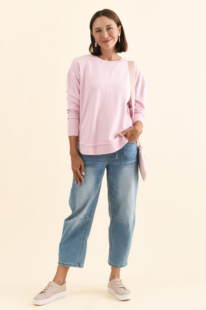 Simplified Blush Cotton Crewneck Sweatshirt,Brunette model,alt text|model:Cara