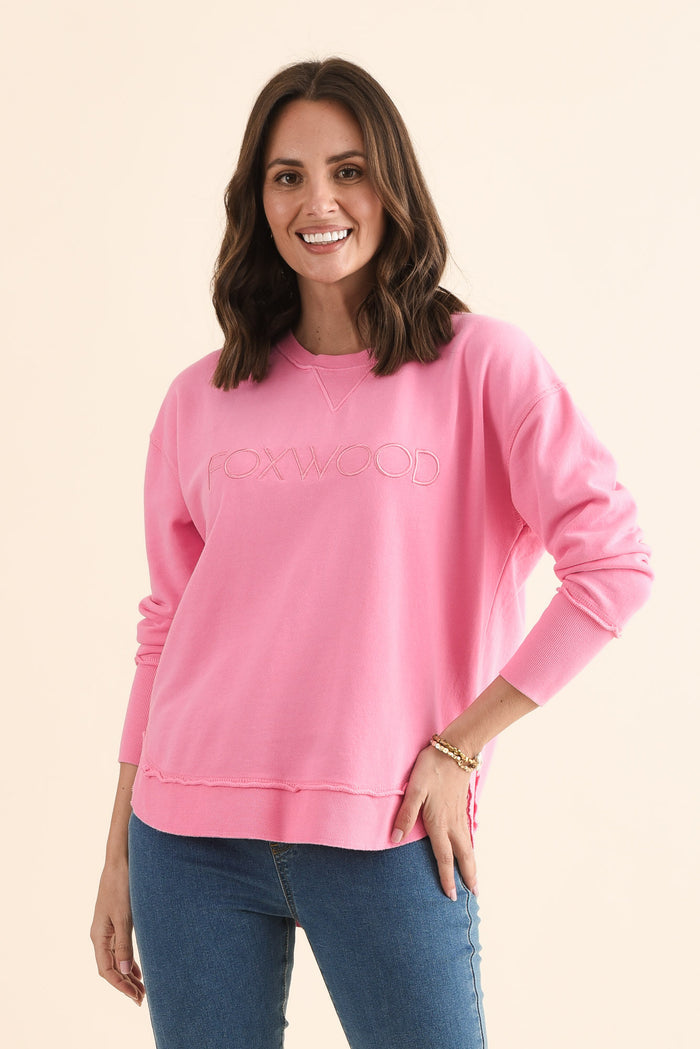 Simplified Candy Pink Cotton Crewneck Sweatshirt,Front,Brunette model,alt text|model:MJ