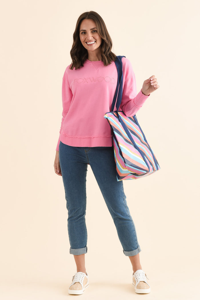 Simplified Candy Pink Cotton Crewneck Sweatshirt,Full Body,Brunette model,alt text|model:MJ