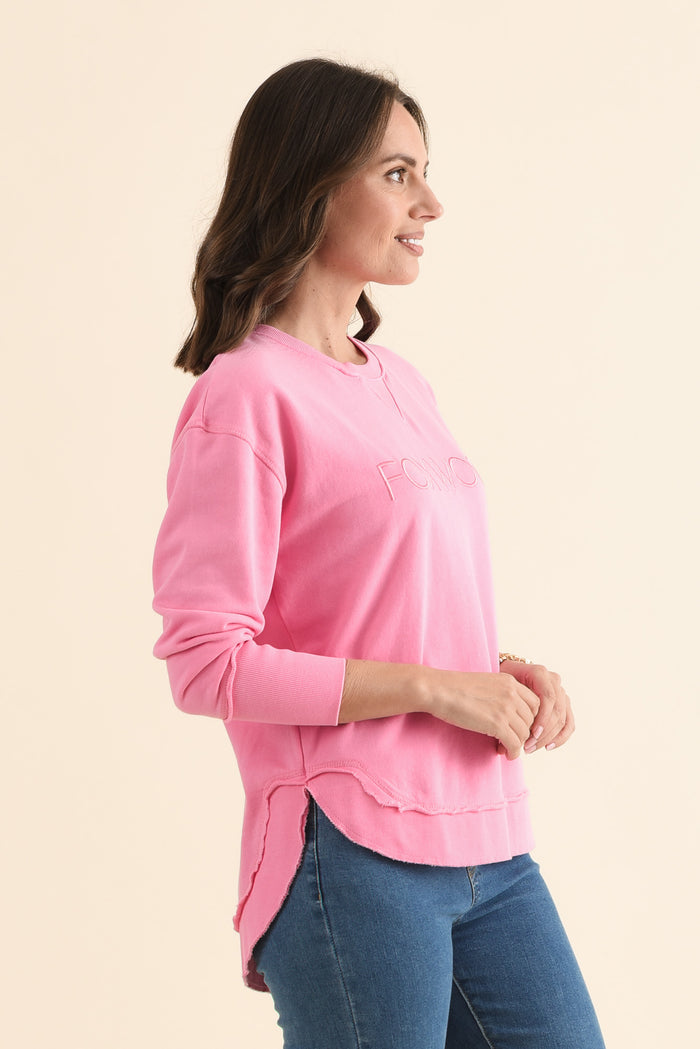 Simplified Candy Pink Cotton Crewneck Sweatshirt,Side,Brunette model,alt text|model:MJ