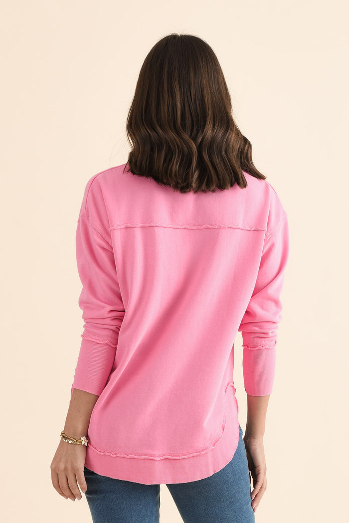 Simplified Candy Pink Cotton Crewneck Sweatshirt,Back,Brunette model,alt text|model:MJ