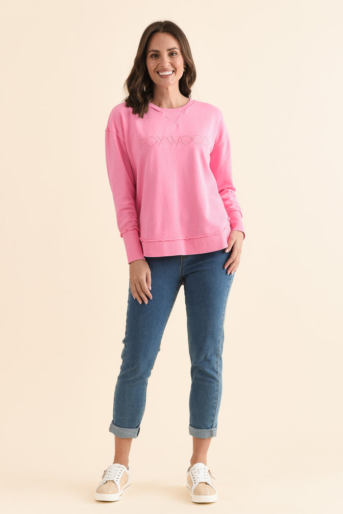 Simplified Candy Pink Cotton Crewneck Sweatshirt,Full Body,Brunette model,alt text|model:MJ