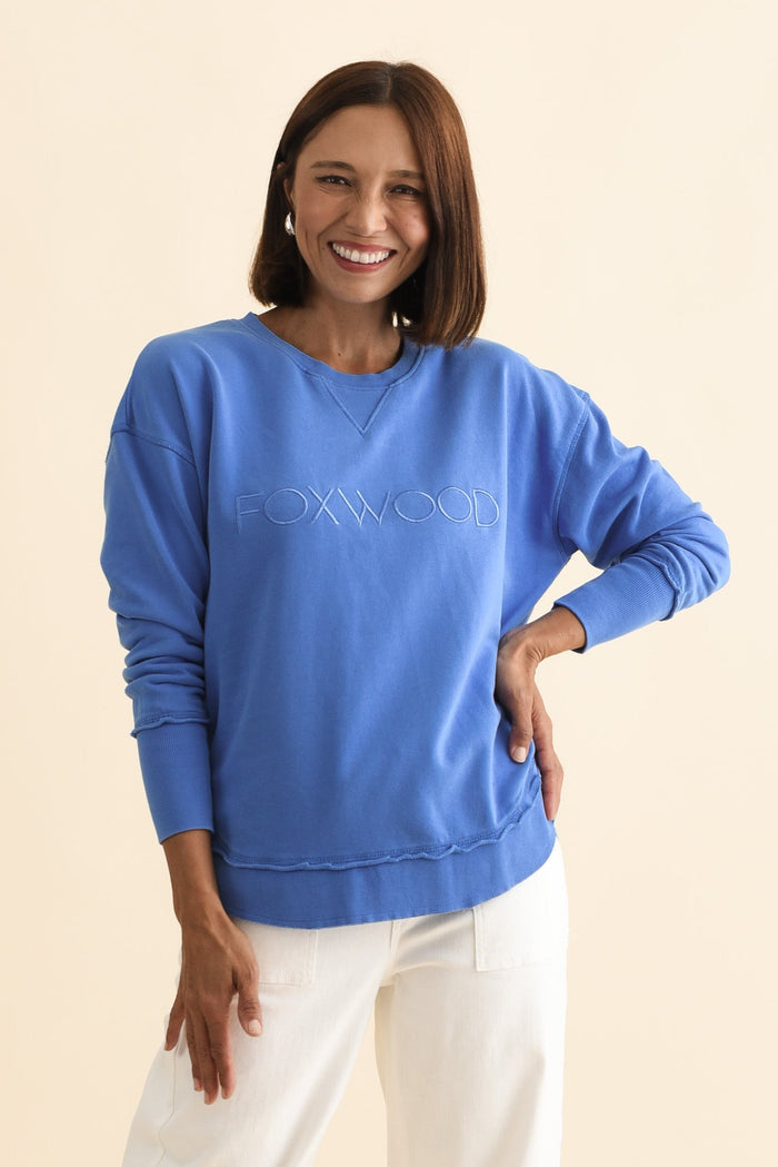 Simplified Cobalt Cotton Crewneck Sweatshirt,Brunette model,alt text|model:Cara