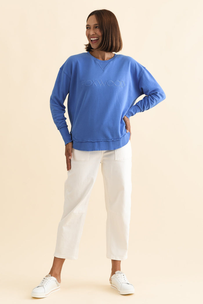 Simplified Cobalt Cotton Crewneck Sweatshirt,Brunette model,alt text|model:Cara