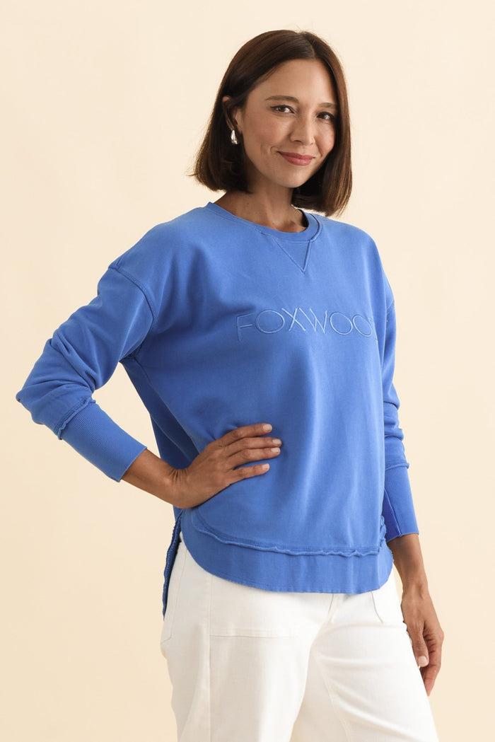 Simplified Cobalt Cotton Crewneck Sweatshirt,Brunette model,alt text|model:Cara